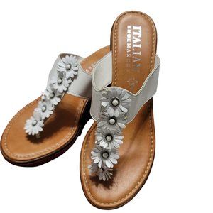 Italian Shoemaker Toe Post Wedges Sandal with Flower Embellishment - Used Size 7
